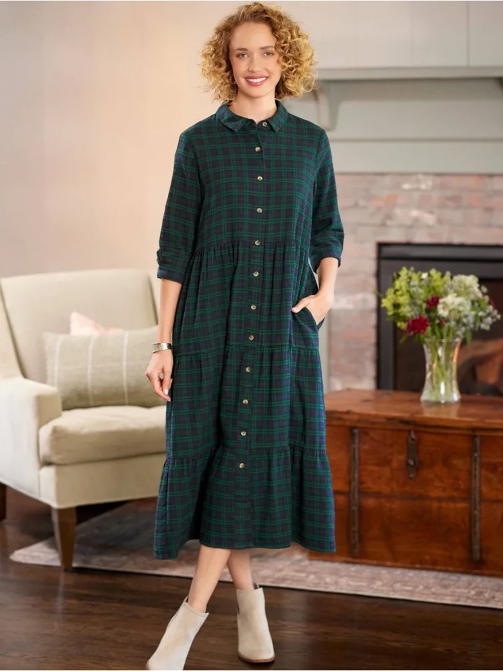 The Vermont Country Store Plaid Flannel Tiered Midi Dress, 100% Cotton, Size M